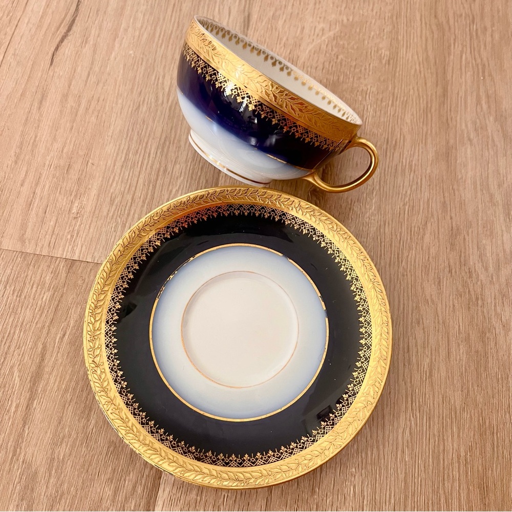 Antique JEAN POUYAT Limoges Teacup Flat Cup‎ & Saucer, Cobalt Blue & Gold Leaf